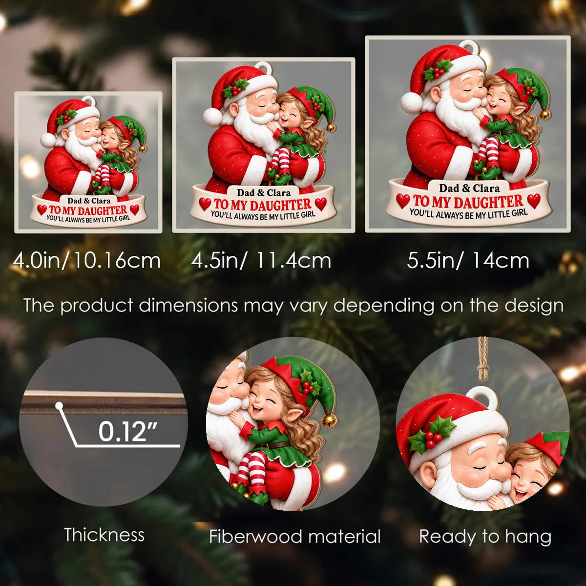 Personalisierter Weihnachtsbaumschmuck aus Holz: Papa als Weihnachtsmann küsst Elfen-Tochter – Geschenk für die Tochter
