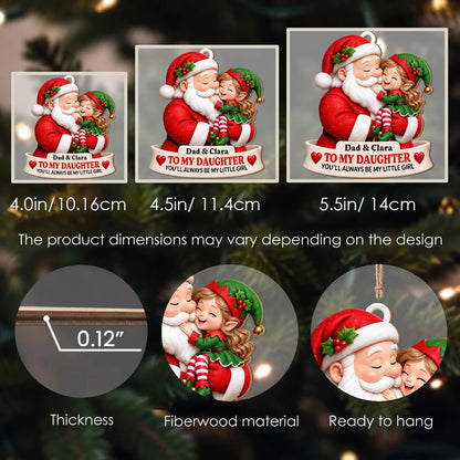 Personalisierter Weihnachtsbaumschmuck aus Holz: Papa als Weihnachtsmann küsst Elfen-Tochter – Geschenk für die Tochter