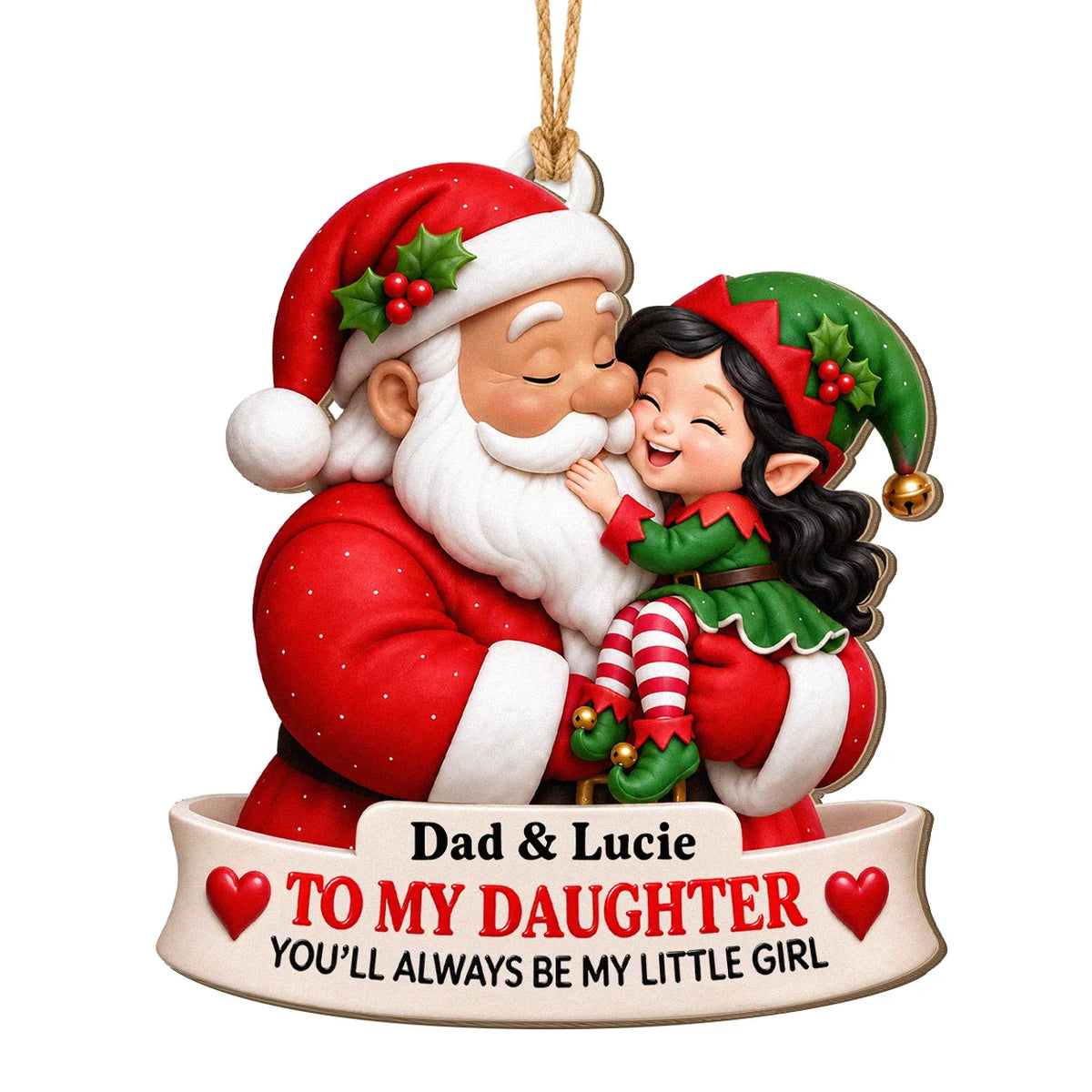 Personalisierter Weihnachtsbaumschmuck aus Holz: Papa als Weihnachtsmann küsst Elfen-Tochter – Geschenk für die Tochter