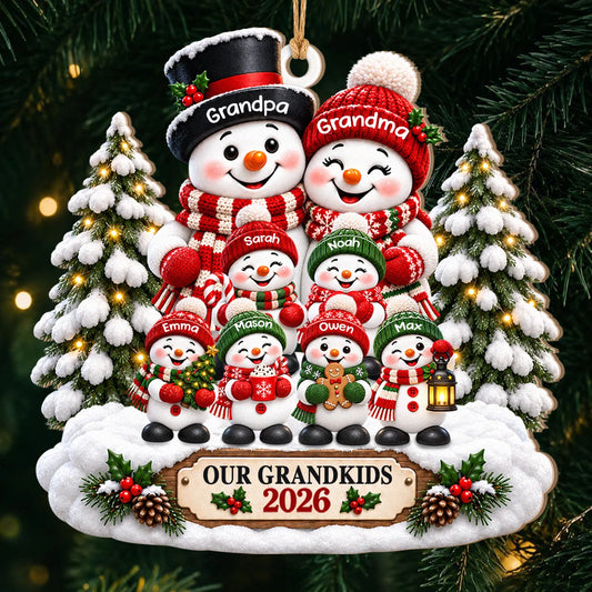 Personalized Our Grandkids Snowman Family Christmas Wood Ornament – Snowy Trees Custom Names Gift for Grandma & Grandpa