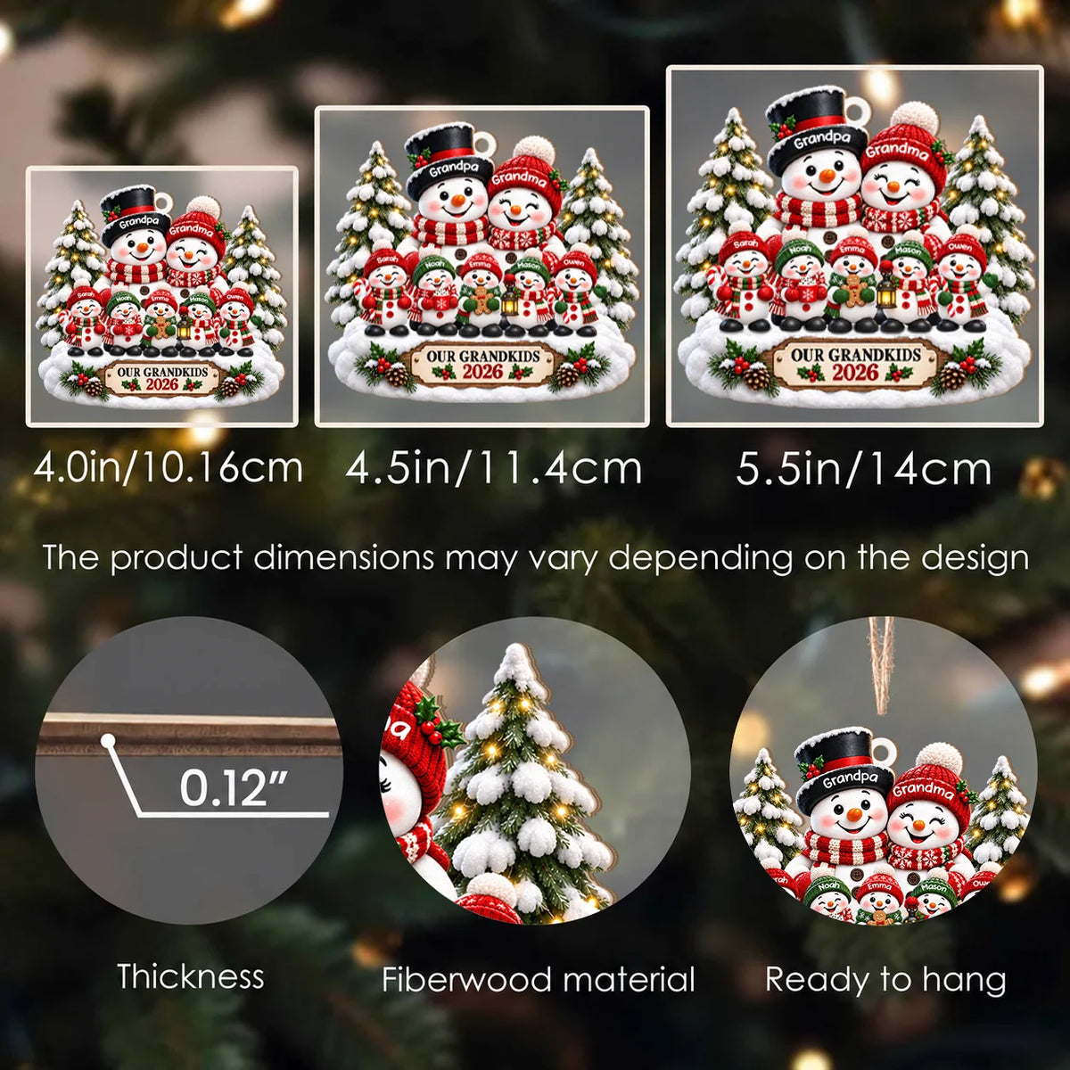 Personalisierter Schneemann-Familien-Weihnachtsschmuck aus Holz für unsere Enkelkinder – Geschenk mit verschneiten Bäumen und Wunschnamen für Oma & Opa