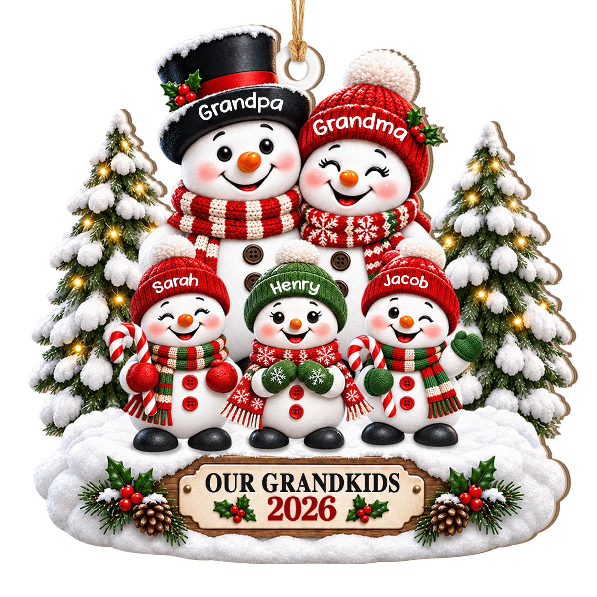 Personalisierter Schneemann-Familien-Weihnachtsschmuck aus Holz für unsere Enkelkinder – Geschenk mit verschneiten Bäumen und Wunschnamen für Oma & Opa
