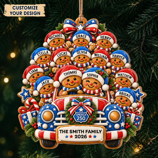 Personalized America 250 Gingerbread Family Car Christmas Wood Ornament – Custom Names Patriotic Gift for Family