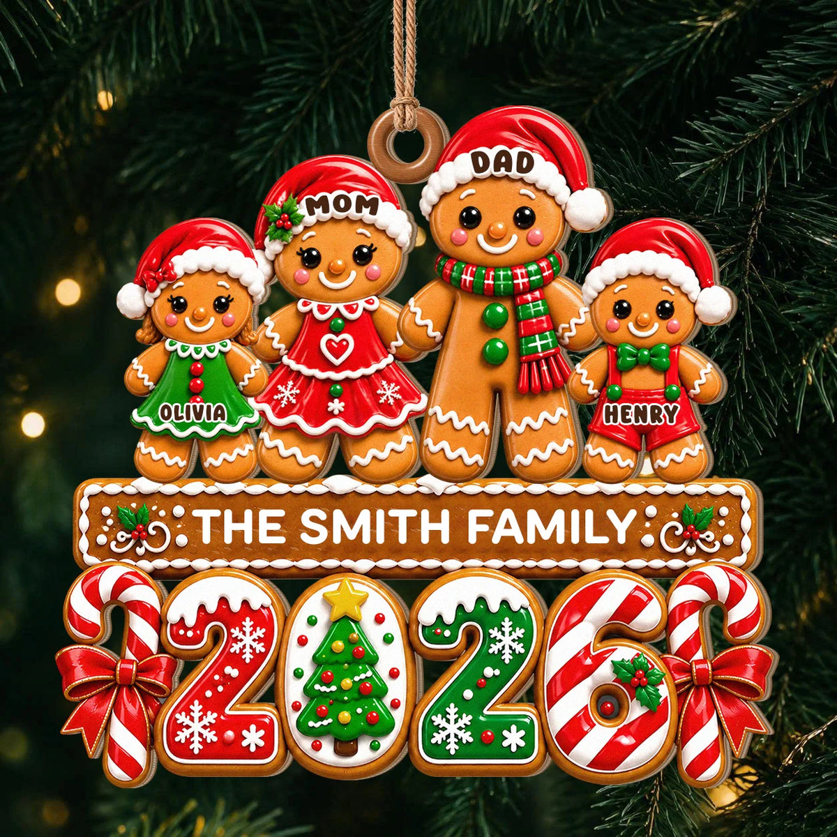 Personalized Gingerbread Family Santa Hats & Candy Cane Year Wood Christmas Ornament – Custom Names Gift for Family