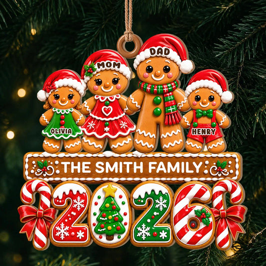 Personalisierter Lebkuchen-Familien-Weihnachtsschmuck aus Holz mit Weihnachtsmützen & Zuckerstange – Individuelles Namensgeschenk für die Familie