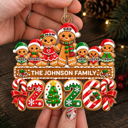 Personalized Gingerbread Family Santa Hats & Candy Cane Year Wood Christmas Ornament – Custom Names Gift for Family