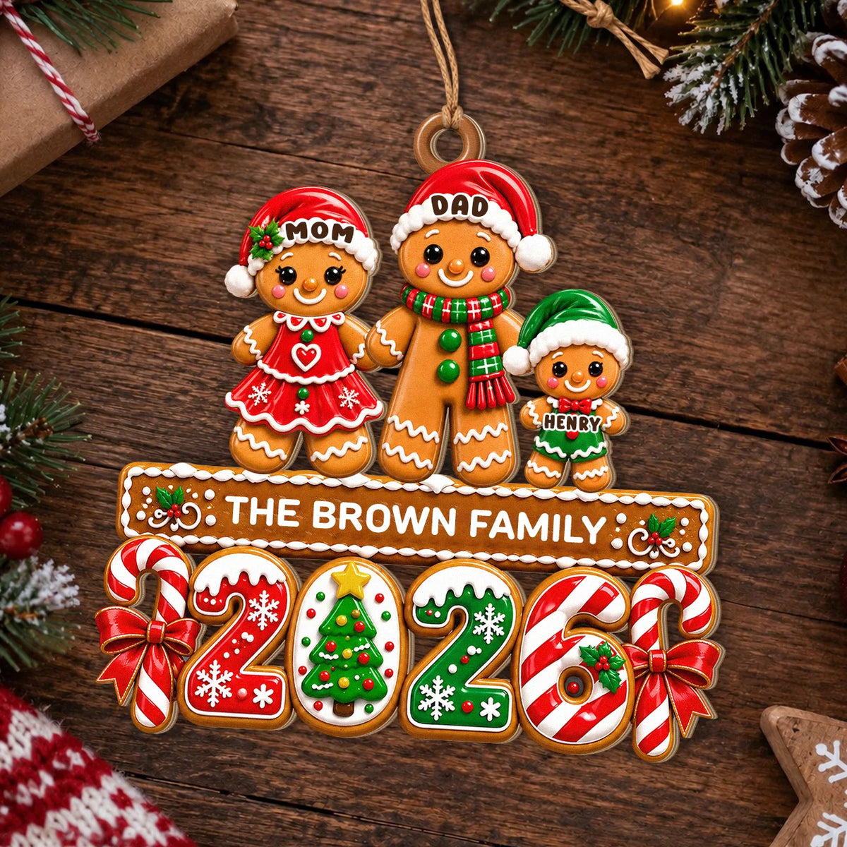 Personalized Gingerbread Family Santa Hats & Candy Cane Year Wood Christmas Ornament – Custom Names Gift for Family