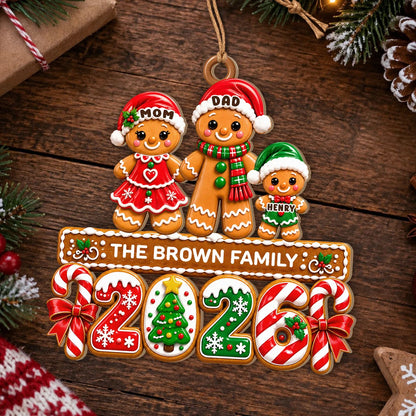 Personalized Gingerbread Family Santa Hats & Candy Cane Year Wood Christmas Ornament – Custom Names Gift for Family