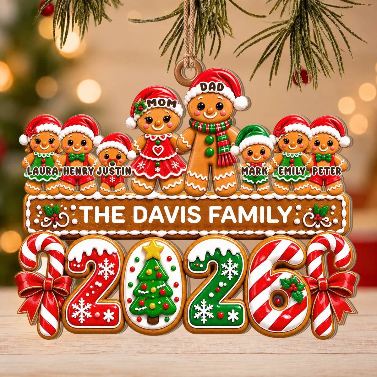 Personalized Gingerbread Family Santa Hats & Candy Cane Year Wood Christmas Ornament – Custom Names Gift for Family