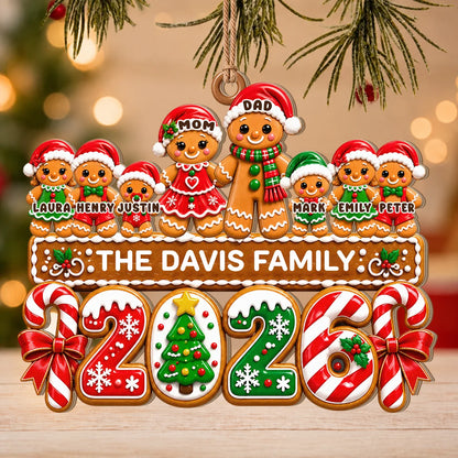 Personalized Gingerbread Family Santa Hats & Candy Cane Year Wood Christmas Ornament – Custom Names Gift for Family