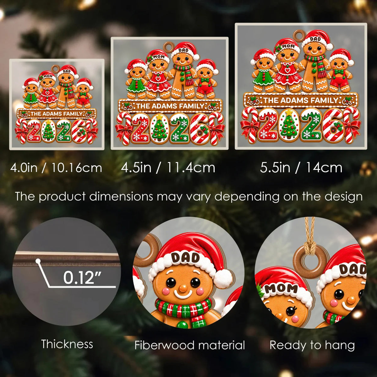 Personalized Gingerbread Family Santa Hats & Candy Cane Year Wood Christmas Ornament – Custom Names Gift for Family