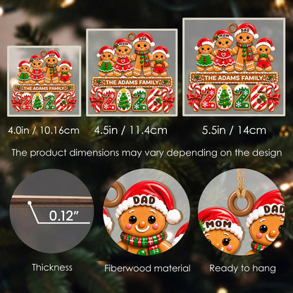 Personalized Gingerbread Family Santa Hats & Candy Cane Year Wood Christmas Ornament – Custom Names Gift for Family