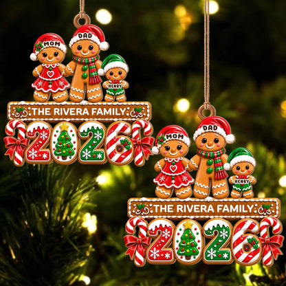 Personalized Gingerbread Family Santa Hats & Candy Cane Year Wood Christmas Ornament – Custom Names Gift for Family