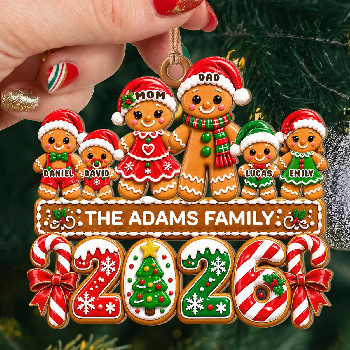 Personalized Gingerbread Family Santa Hats & Candy Cane Year Wood Christmas Ornament – Custom Names Gift for Family