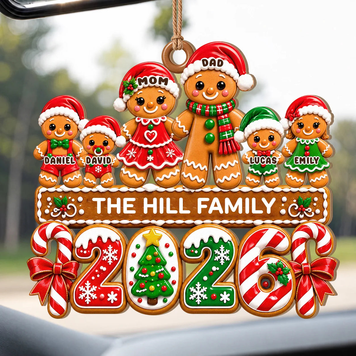 Personalized Gingerbread Family Santa Hats & Candy Cane Year Wood Christmas Ornament – Custom Names Gift for Family