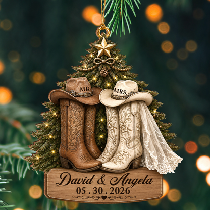 Personalized Mr & Mrs Wedding Boots Wood Ornament – Couple Anniversary Christmas Gift