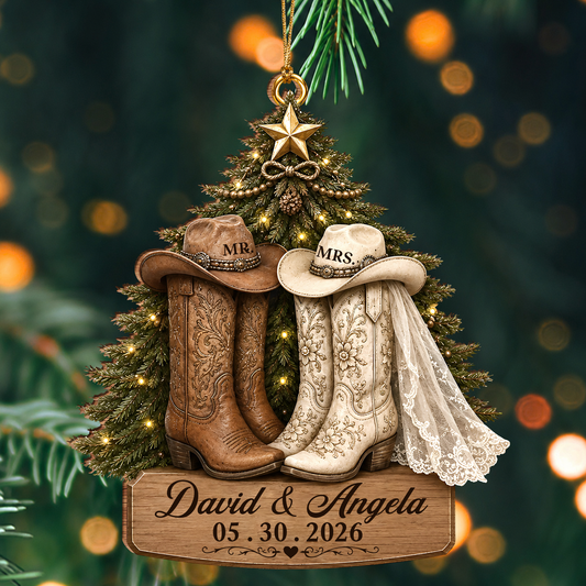Personalized Mr & Mrs Wedding Boots Wood Ornament – Couple Anniversary Christmas Gift