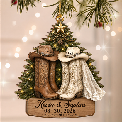 Personalized Mr & Mrs Wedding Boots Wood Ornament – Couple Anniversary Christmas Gift