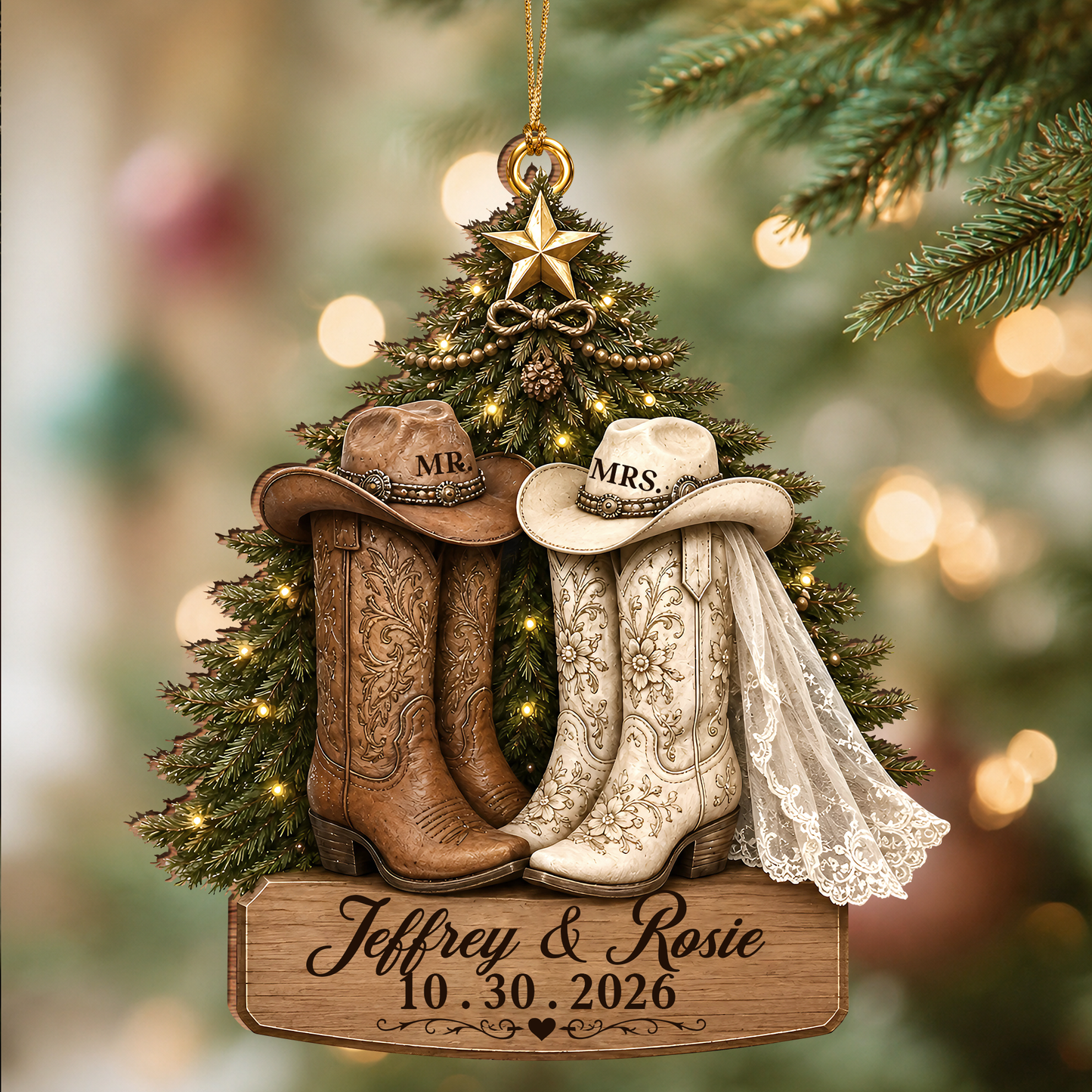 Personalized Mr & Mrs Wedding Boots Wood Ornament – Couple Anniversary Christmas Gift