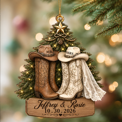 Personalized Mr & Mrs Wedding Boots Wood Ornament – Couple Anniversary Christmas Gift