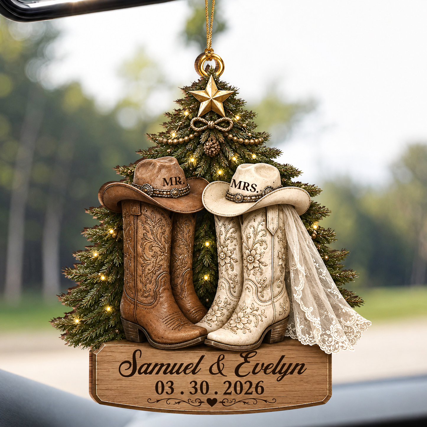 Personalized Mr & Mrs Wedding Boots Wood Ornament – Couple Anniversary Christmas Gift