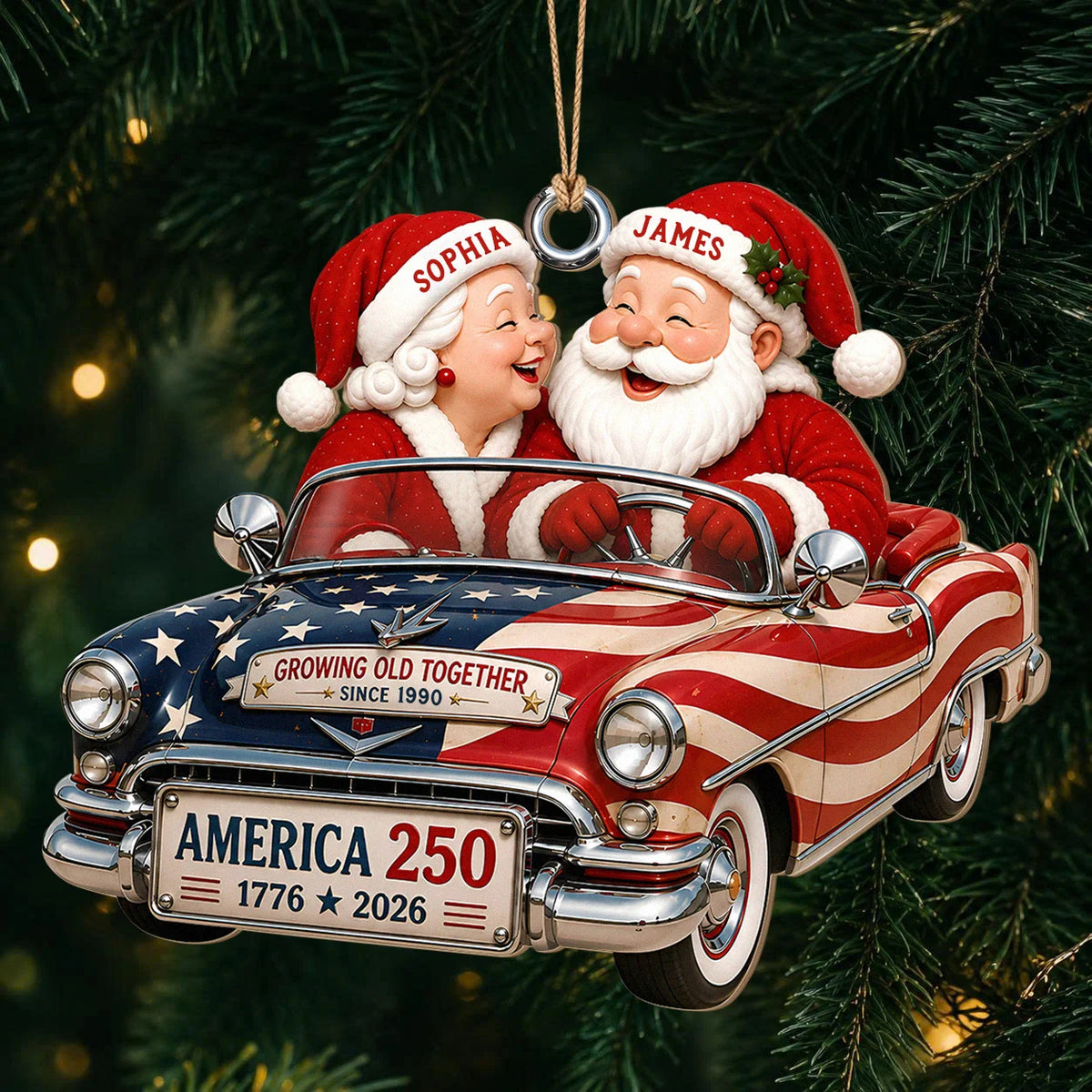 Personalized Growing Old Together Couple Wood Ornament – America 250 Christmas Gift
