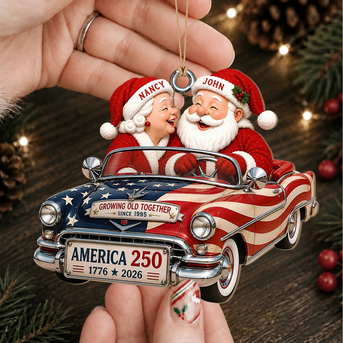 Personalized Growing Old Together Couple Wood Ornament – America 250 Christmas Gift