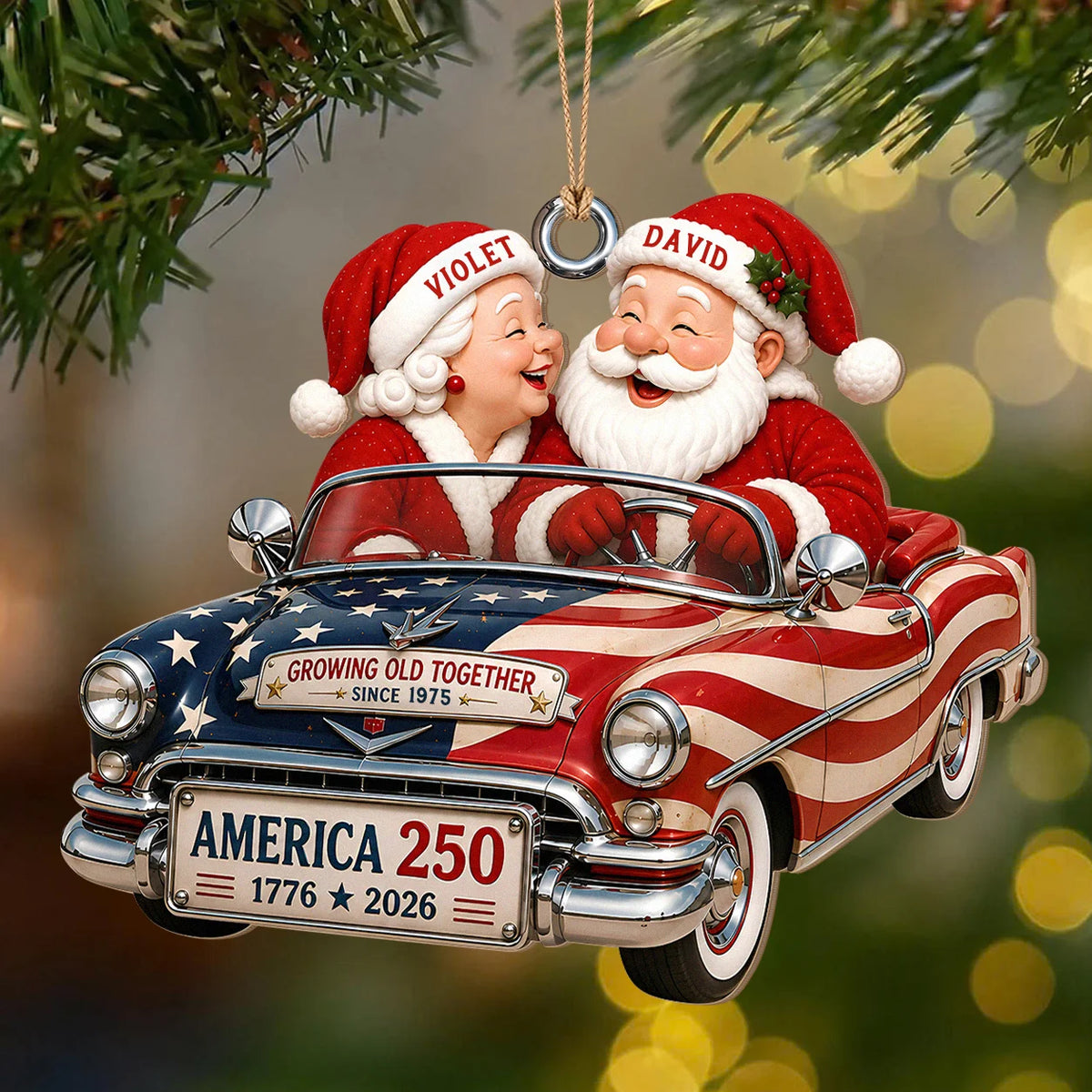 Personalized Growing Old Together Couple Wood Ornament – America 250 Christmas Gift