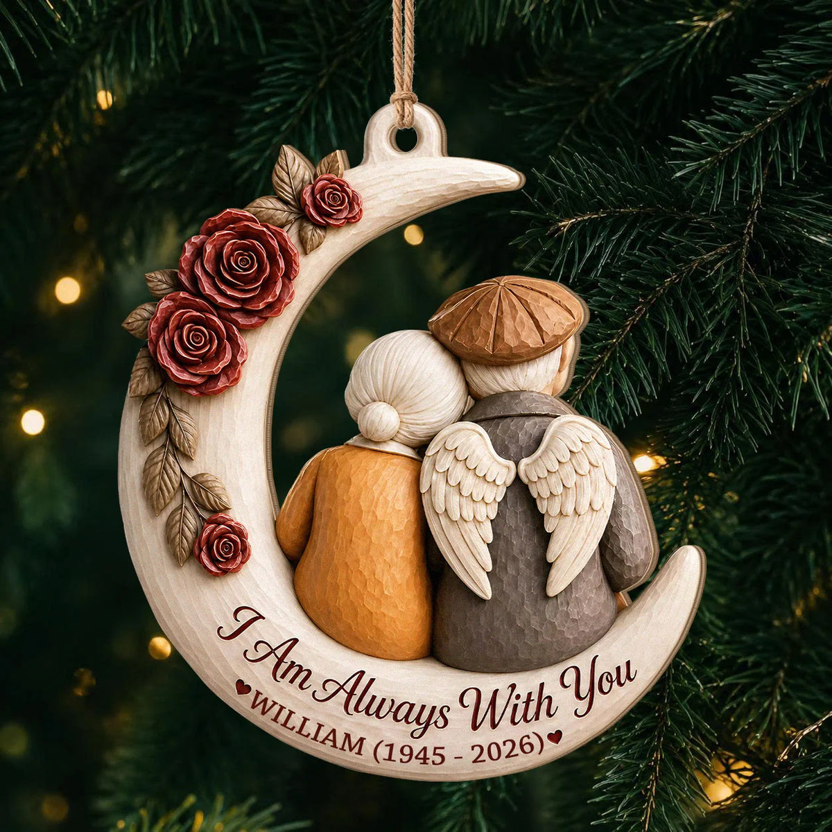 Personalized Memorial Spouse Christmas Wood Ornament – Angel Wings Couple on Crescent Moon I Am Always With You Custom Name Birth Death Year Remembrance Keepsake Gift