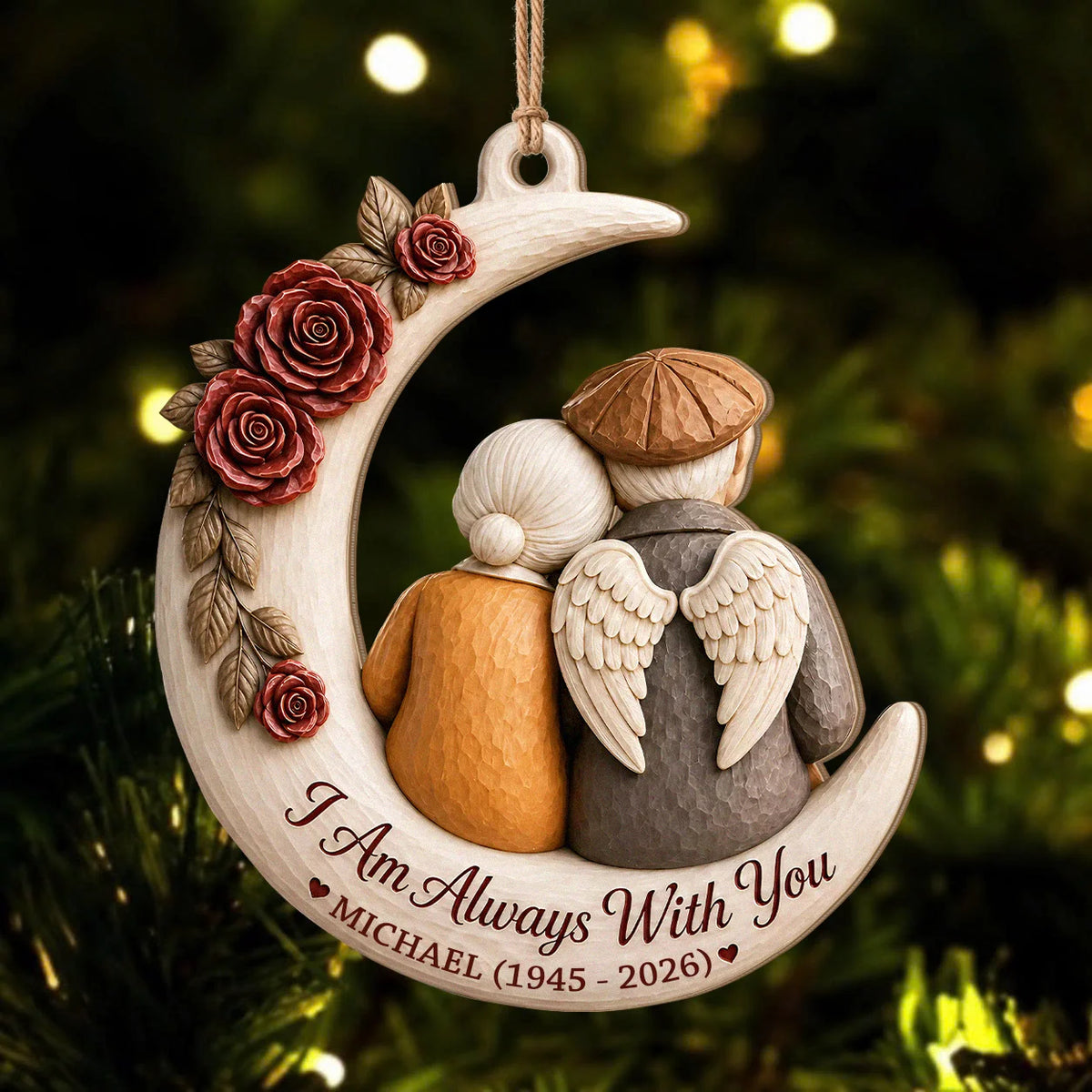 Personalized Memorial Spouse Christmas Wood Ornament – Angel Wings Couple on Crescent Moon I Am Always With You Custom Name Birth Death Year Remembrance Keepsake Gift