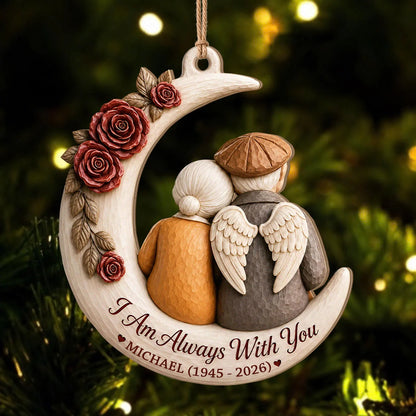 Personalized Memorial Spouse Christmas Wood Ornament – Angel Wings Couple on Crescent Moon I Am Always With You Custom Name Birth Death Year Remembrance Keepsake Gift