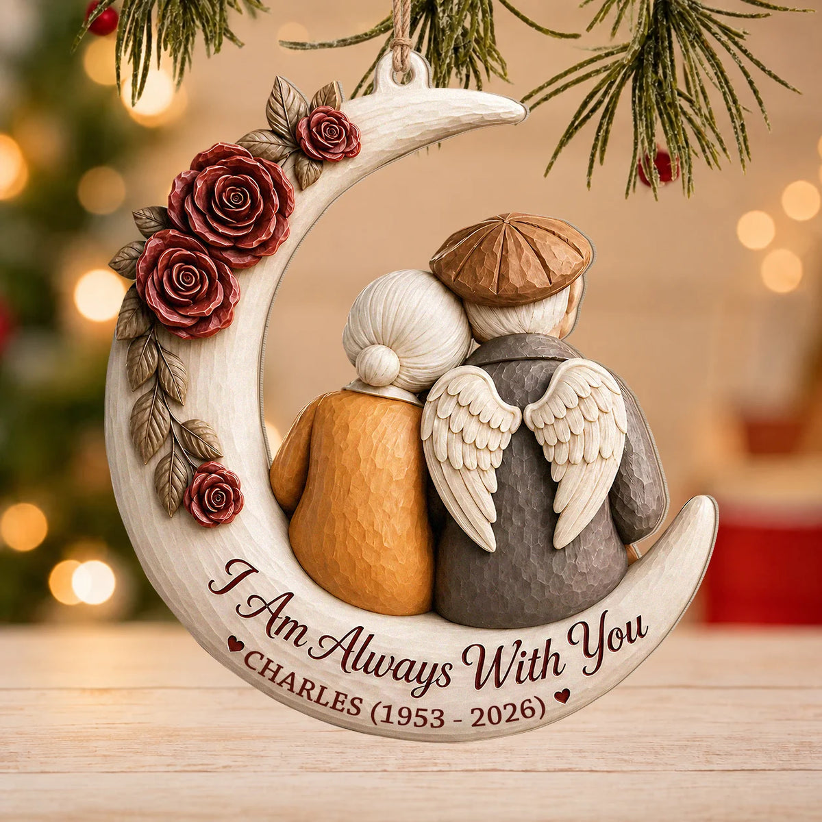 Personalized Memorial Spouse Christmas Wood Ornament – Angel Wings Couple on Crescent Moon I Am Always With You Custom Name Birth Death Year Remembrance Keepsake Gift