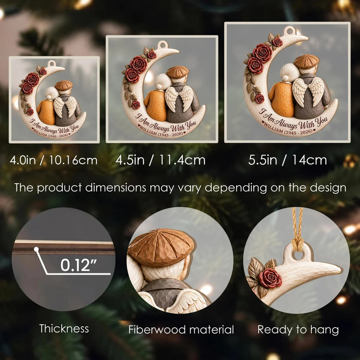 Personalized Memorial Spouse Christmas Wood Ornament – Angel Wings Couple on Crescent Moon I Am Always With You Custom Name Birth Death Year Remembrance Keepsake Gift