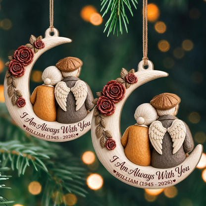Personalized Memorial Spouse Christmas Wood Ornament – Angel Wings Couple on Crescent Moon I Am Always With You Custom Name Birth Death Year Remembrance Keepsake Gift
