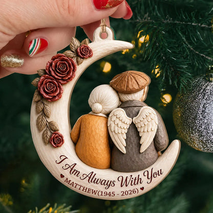 Personalized Memorial Spouse Christmas Wood Ornament – Angel Wings Couple on Crescent Moon I Am Always With You Custom Name Birth Death Year Remembrance Keepsake Gift