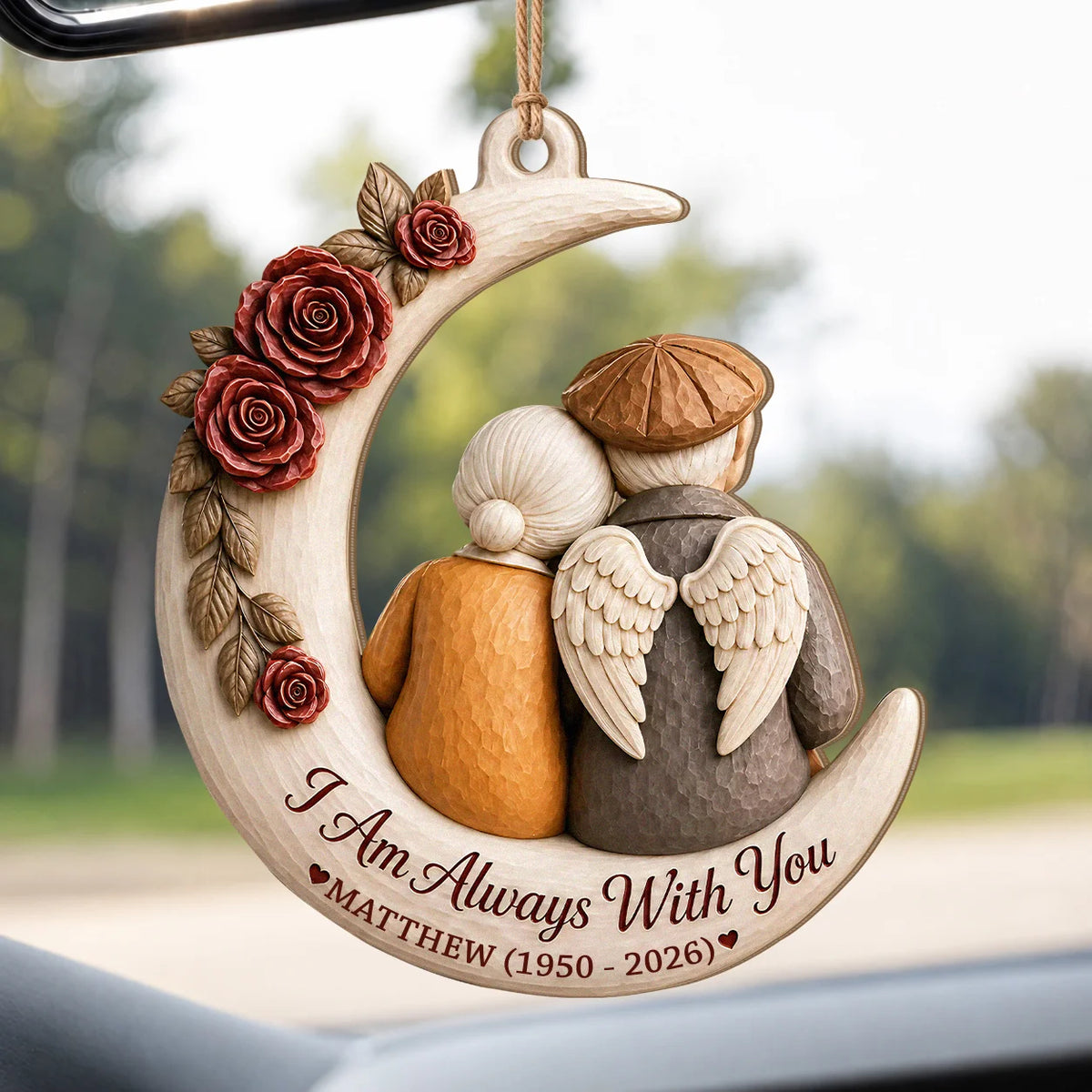 Personalized Memorial Spouse Christmas Wood Ornament – Angel Wings Couple on Crescent Moon I Am Always With You Custom Name Birth Death Year Remembrance Keepsake Gift