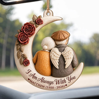 Personalized Memorial Spouse Christmas Wood Ornament – Angel Wings Couple on Crescent Moon I Am Always With You Custom Name Birth Death Year Remembrance Keepsake Gift