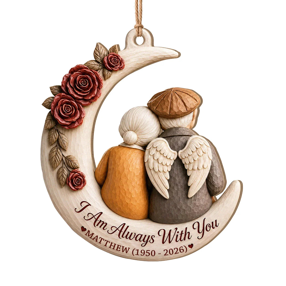 Personalized Memorial Spouse Christmas Wood Ornament – Angel Wings Couple on Crescent Moon I Am Always With You Custom Name Birth Death Year Remembrance Keepsake Gift