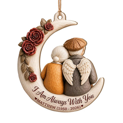 Personalized Memorial Spouse Christmas Wood Ornament – Angel Wings Couple on Crescent Moon I Am Always With You Custom Name Birth Death Year Remembrance Keepsake Gift