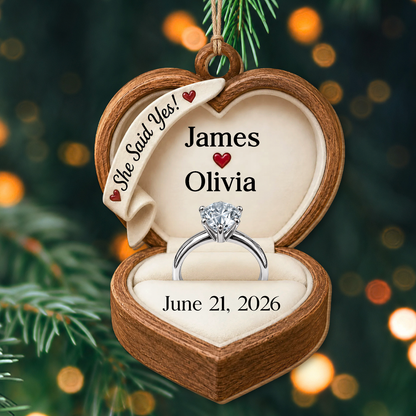Personalized She Said Yes Wood Ornament – Engagement Gift for Couples