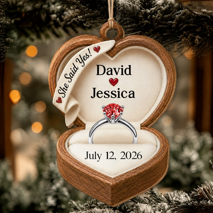 Personalized She Said Yes Wood Ornament – Engagement Gift for Couples