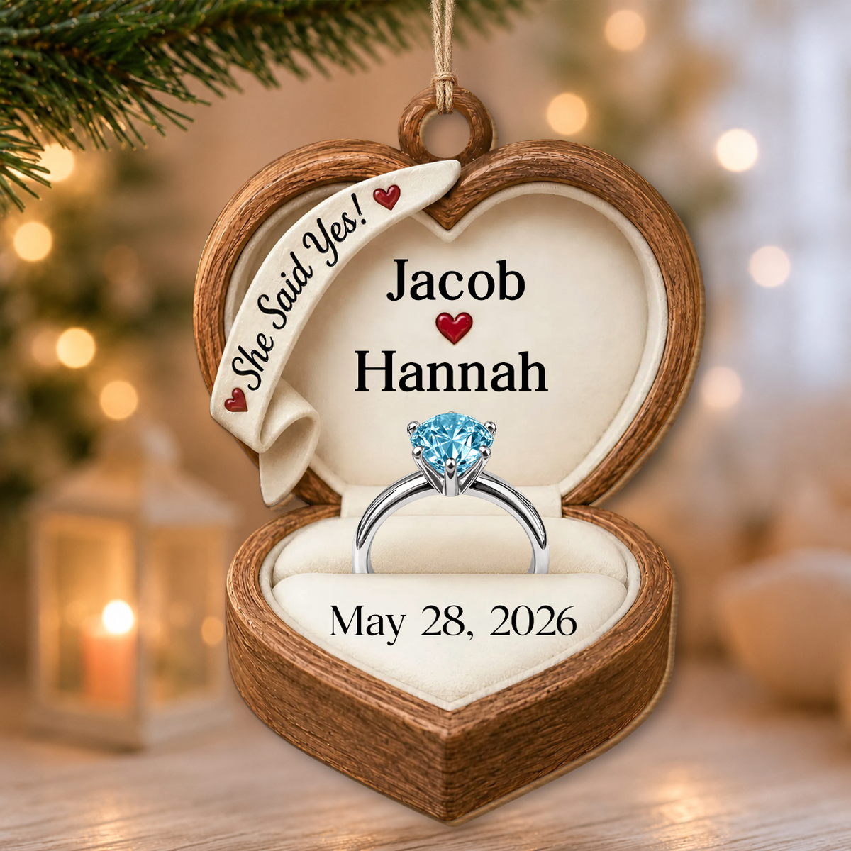 Personalized She Said Yes Wood Ornament – Engagement Gift for Couples
