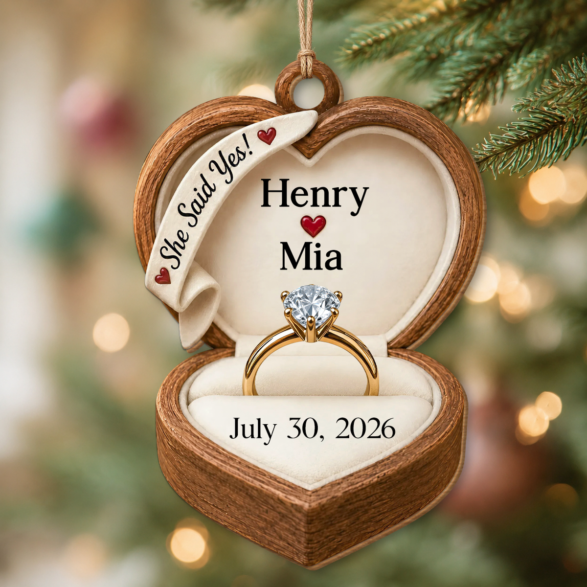 Personalized She Said Yes Wood Ornament – Engagement Gift for Couples