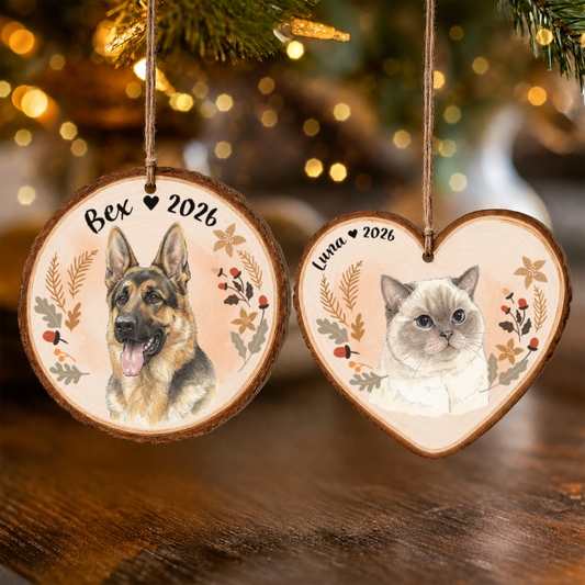 Personalized Pet Portrait Christmas Ornament – Custom Pet Photo Name Wood Gift
