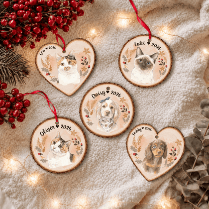 Personalized Pet Portrait Christmas Ornament – Custom Pet Photo Name Wood Gift