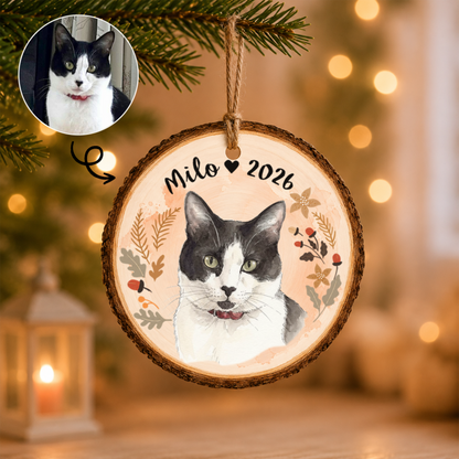 Personalized Pet Portrait Christmas Ornament – Custom Pet Photo Name Wood Gift
