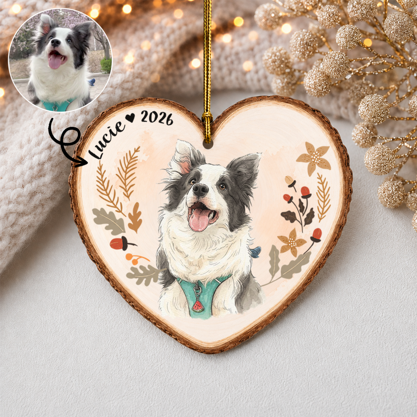 Personalized Pet Portrait Christmas Ornament – Custom Pet Photo Name Wood Gift