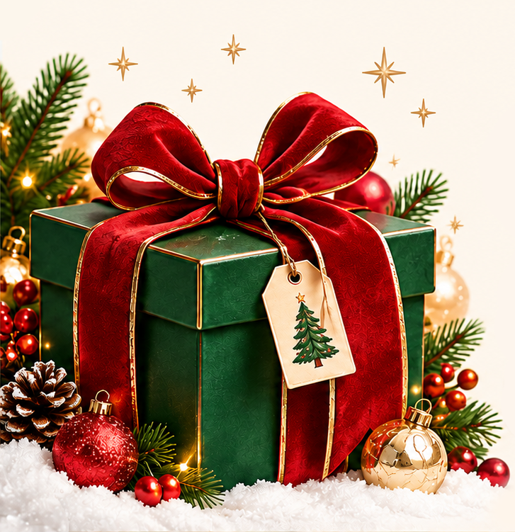 Green Christmas gift box wrapped with a red ribbon
