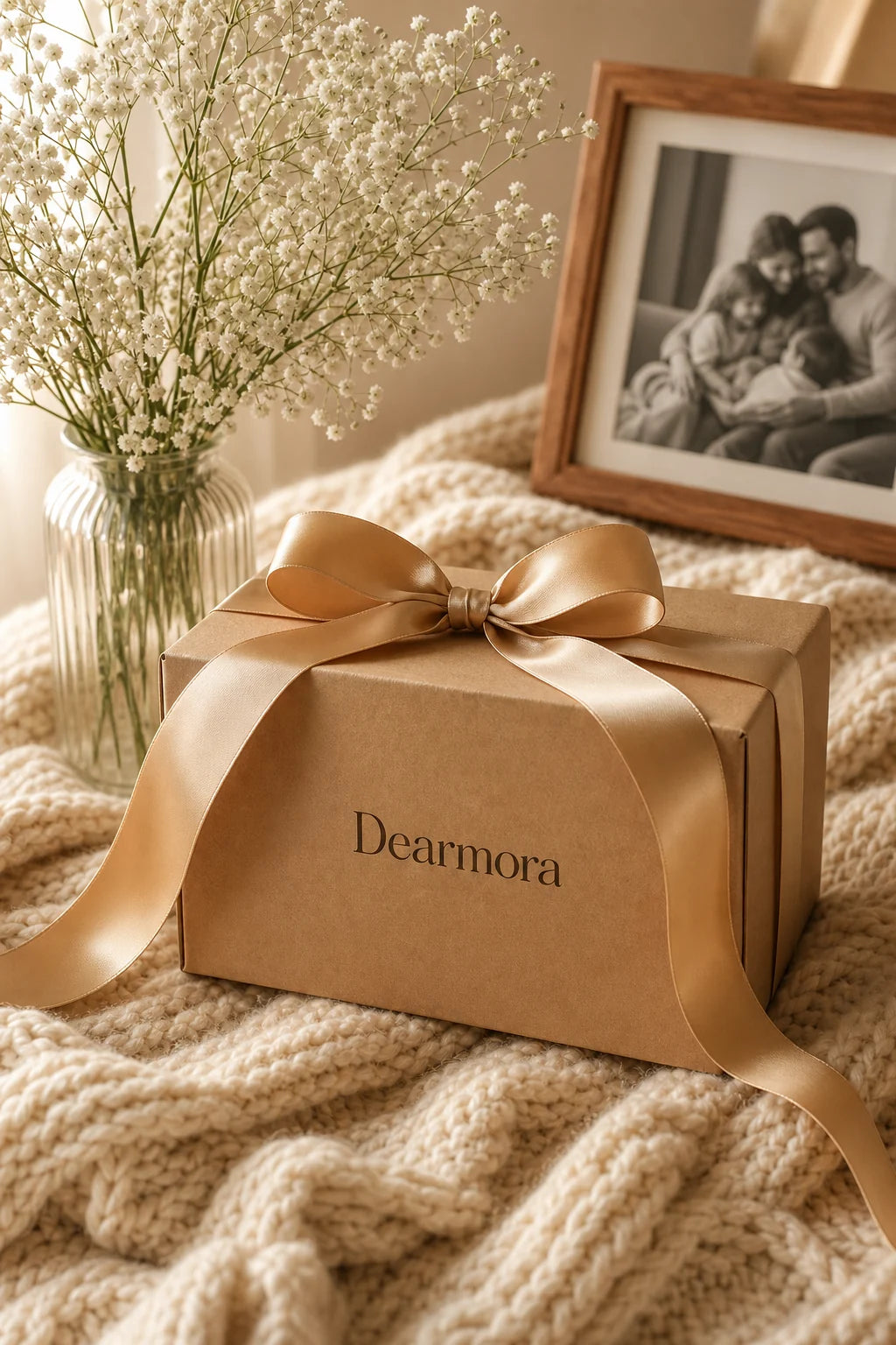 Dearmora gift box wrapped with a gold ribbon
