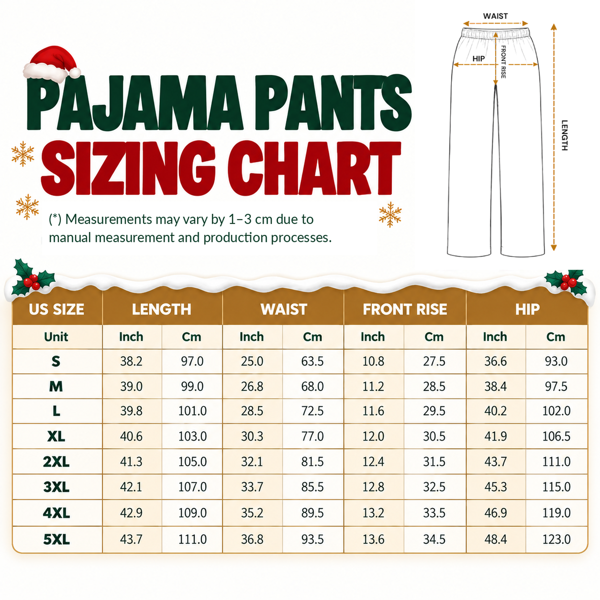 Pajama pants sizing chart